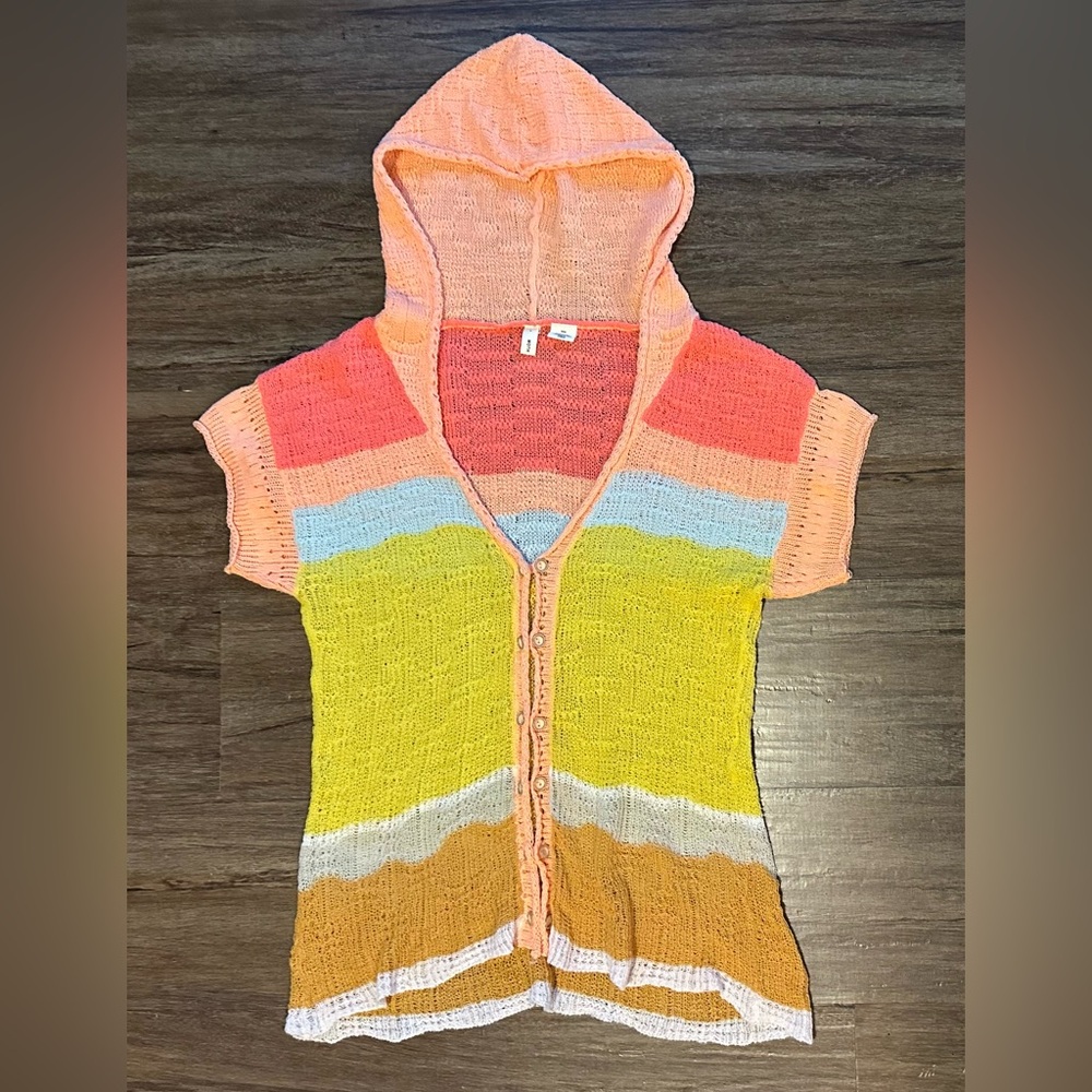 Anthropologie Moth Knit Cardigan with Hoodie in Coral/Peach/Blue/Yellow. Size S
